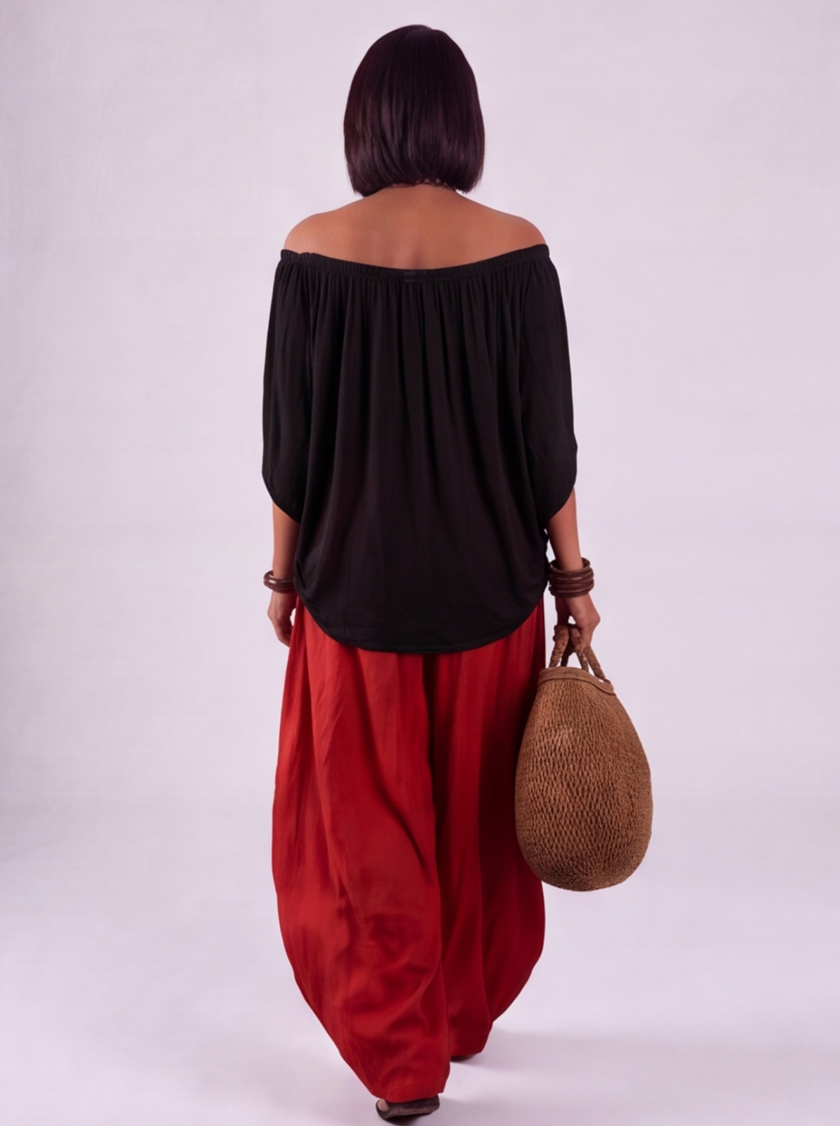 Luna - Completo con spalle scoperte e pantaloni Nero-Rosso