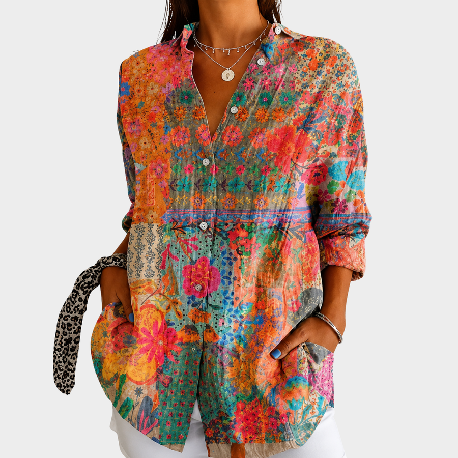 Blusa Button-Front Patchwork di Fiori Illuminati dal Sole