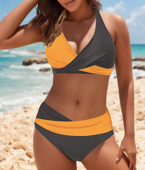 ZOE ™ | Bikini con Collo a V e Vita Alta a Contrasto