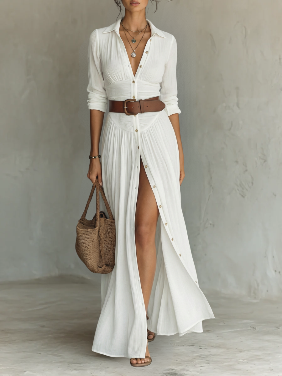 Pamela - Abito Maxi Lungo con Collo a V e Maniche Lunghe per Donne